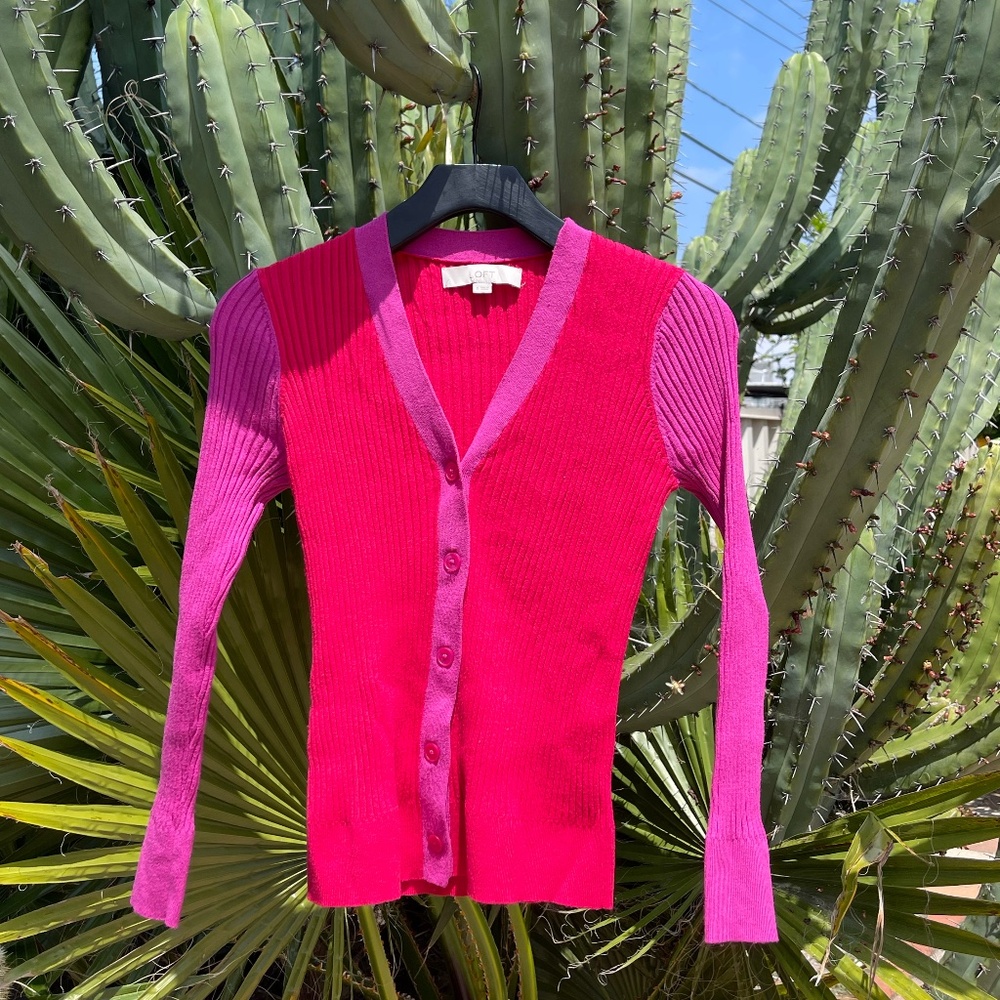 LOFT Colorblock Ribbed V-Neck Cardigan